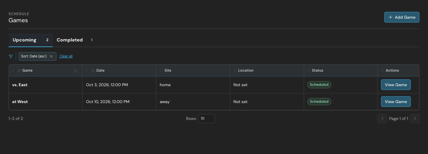 Formation Games view with upcoming synthetic games